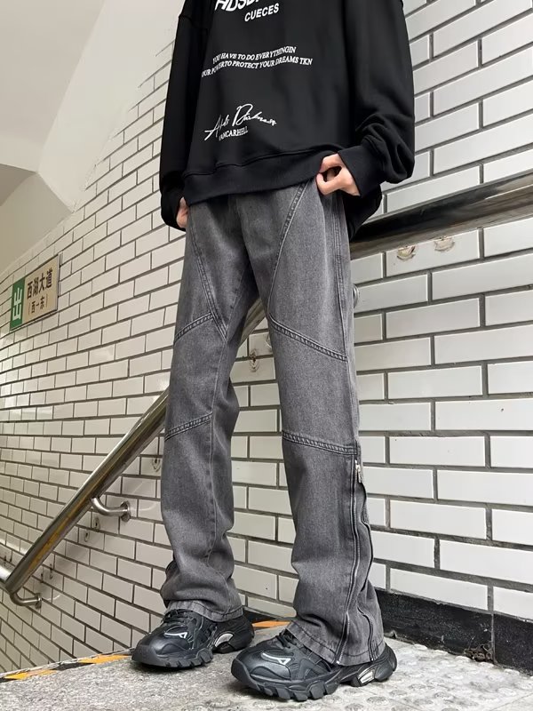 复古拉链牛仔裤男秋季2023新款直筒微喇裤子高街潮 D8102 P50图片