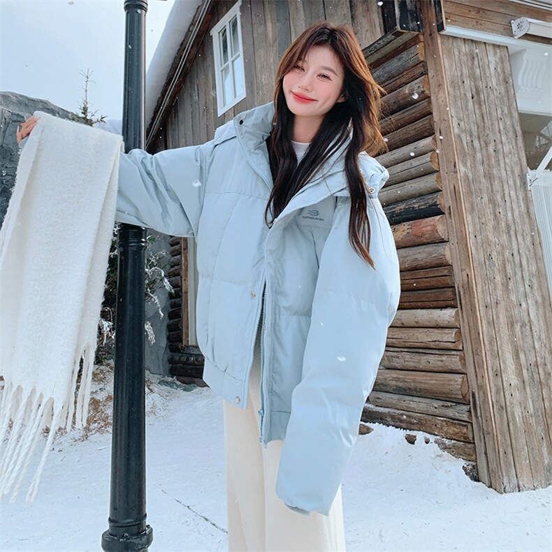 蓝色字母绣标连帽羽绒服女2025冬季新款90白鸭绒时尚小清新短外套,女装羽绒服,2B188
