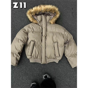 现货三防重磅硬挺boxy短款羽绒棉衣座山雕大毛毛领PU皮棉服外套冬图片