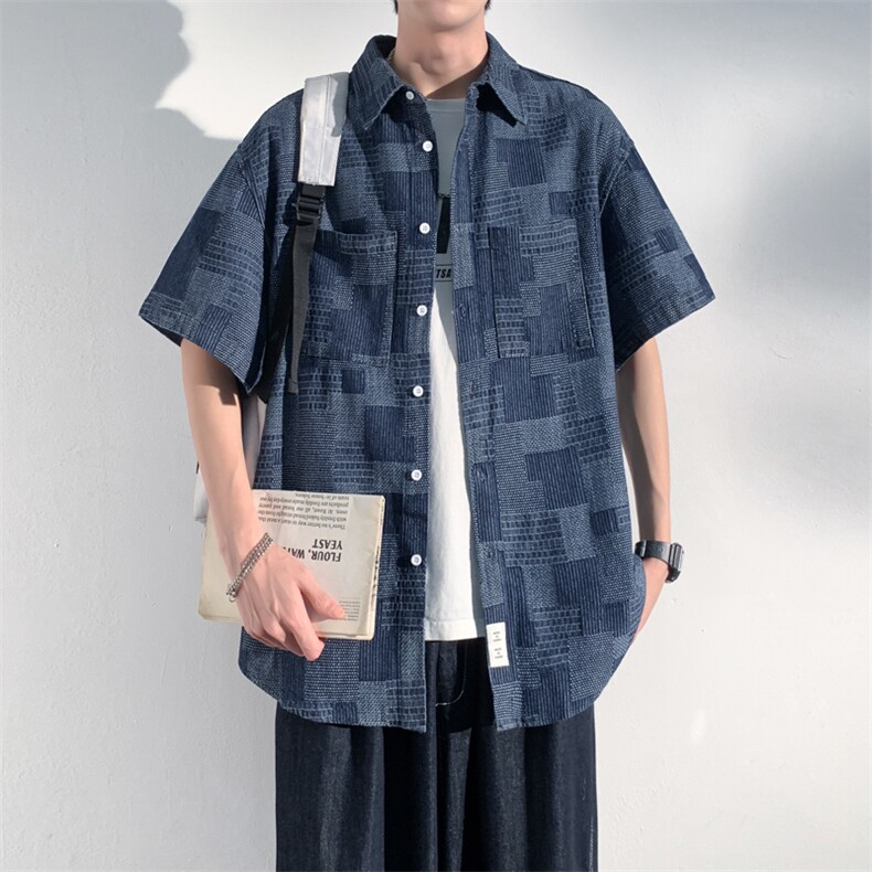 2024夏季格子大码宽松牛仔衬衫复古短袖衬衣外套CS011-P50,男装衬衫,电商A042