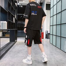 2023夏季棉质短袖t恤男潮流帅气宽松工装裤五分袖套装男F179P70，男装休闲套装，电商A086