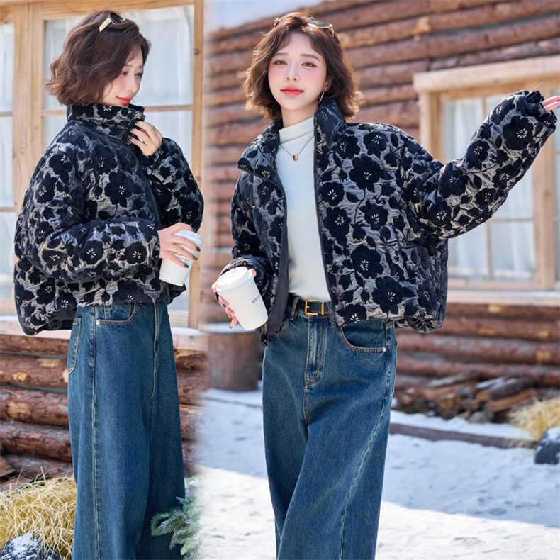 【bao款现货】2024新款冬装提花重工立领短款羽绒服白鸭绒,女装羽绒服,雅静靓衣