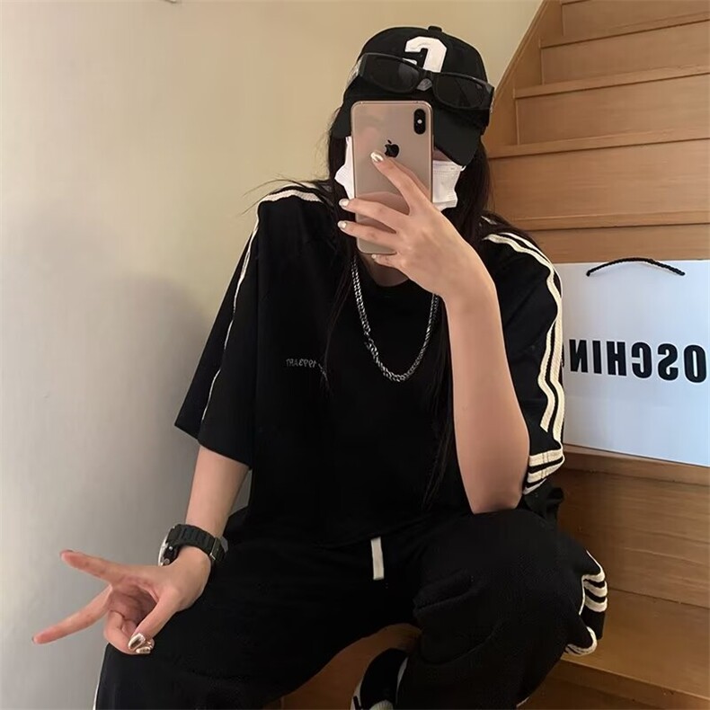 夏季短袖T恤美式复古运动三条杠宽松大码半袖上衣1001-1-TX01-P40,男装T恤,星座1001-1