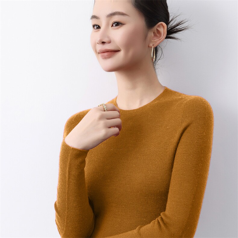 一线无缝精纺羊毛圆领打底衫女春季修身显瘦内搭长袖抽条毛衣,女装羊毛衫,庆大羊绒