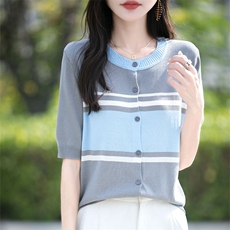 夏季新款时尚气质条纹圆领开衫女修身显瘦百搭休闲上衣，女装针织衫/毛衣，萱芳婷羊绒