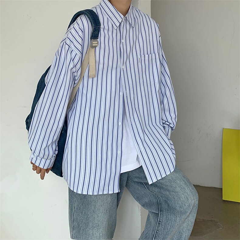 秋装条纹衬衫长袖男士外套港风潮牌休闲宽松衬衣上衣CS721P45控59图片