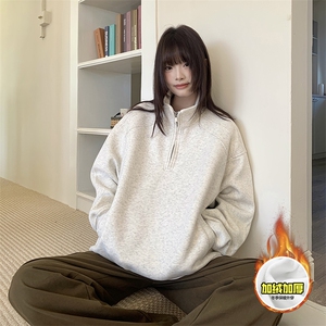 480G重磅加绒硬挺boxy男女秋冬美式高街结构半拉链立领卫衣厚外套图片