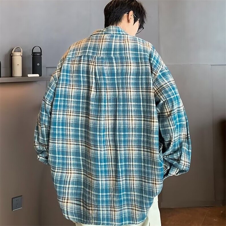 2025秋新款复古格子长袖衬衫男宽松衬衣外套CS010,男装衬衫,星座1108