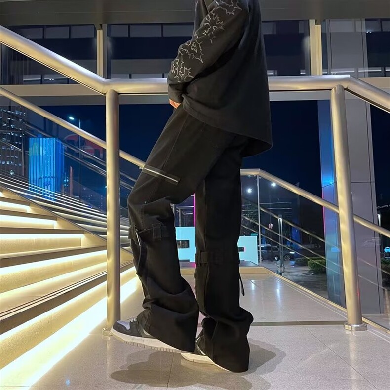 高街重磅阔腿裤子潮牌侧拉链直筒工装裤P40,男装牛仔裤,星座1116-2