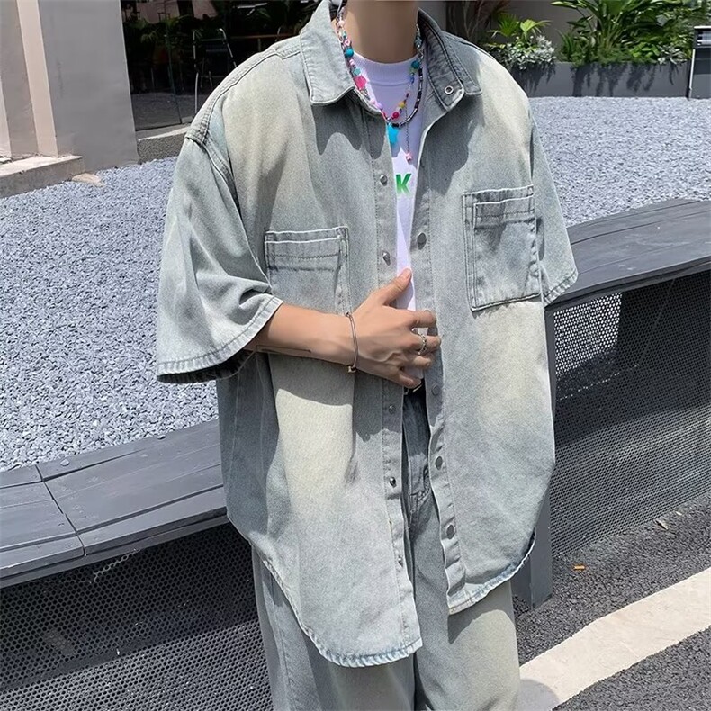 美式复古水洗做旧牛仔短袖衬衫套装ZT03P95,男装休闲套装,星座1116-2