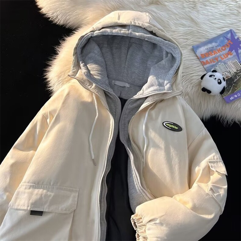 工装衣男假两件冬季加厚袄连帽服宽松潮牌情侣外套1237-p99,男装棉衣,星座1008