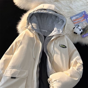 工装衣男假两件冬季加厚袄连帽服宽松潮牌情侣外套1237-p99图片