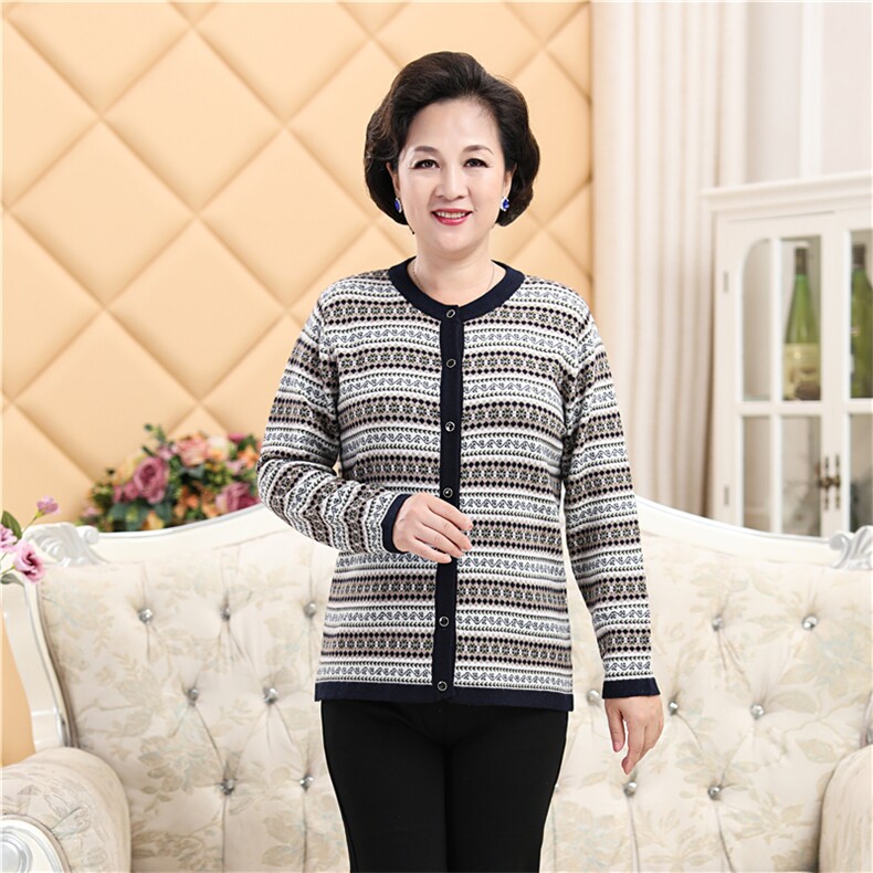 秋冬季保暖休闲日常时尚百搭大码条纹开衫妈妈装针织衫，女装中老年女装，伊格尔