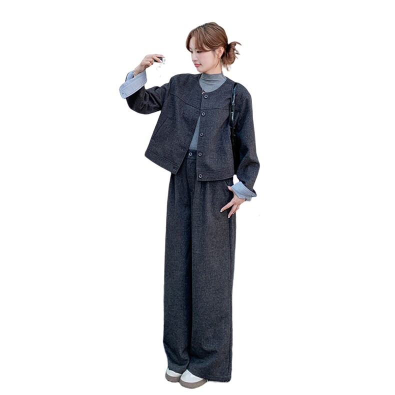 复古条纹拼接牛仔外套阔腿裤两件套女2025年秋季新款时尚休闲套装,女装套装/套裙,2B142