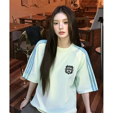 抖音得物品质二开240克宽松纯棉美式潮牌印花三条杠中性风短袖T恤，男装T恤，电商A486-1