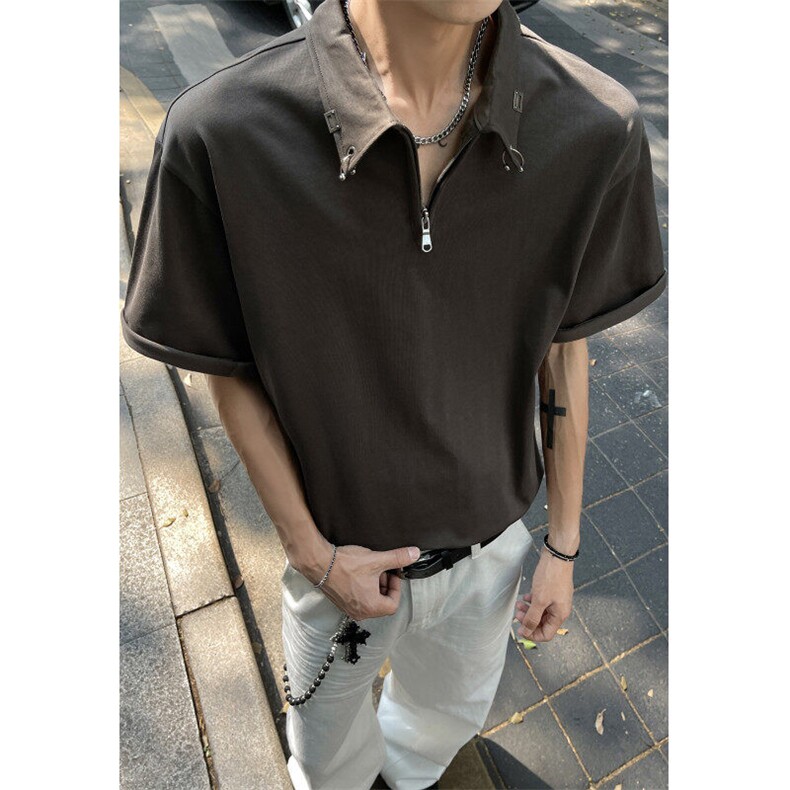 拉链POLO领V领金属配饰可拆卸不锈钢环扣短袖T恤 T2506-P40控58图片