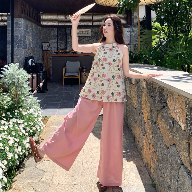 复古重工刺绣挂脖碎花背心阔腿裤两件套2026夏季新款超好看的套装，女装套装/套裙，流量+
