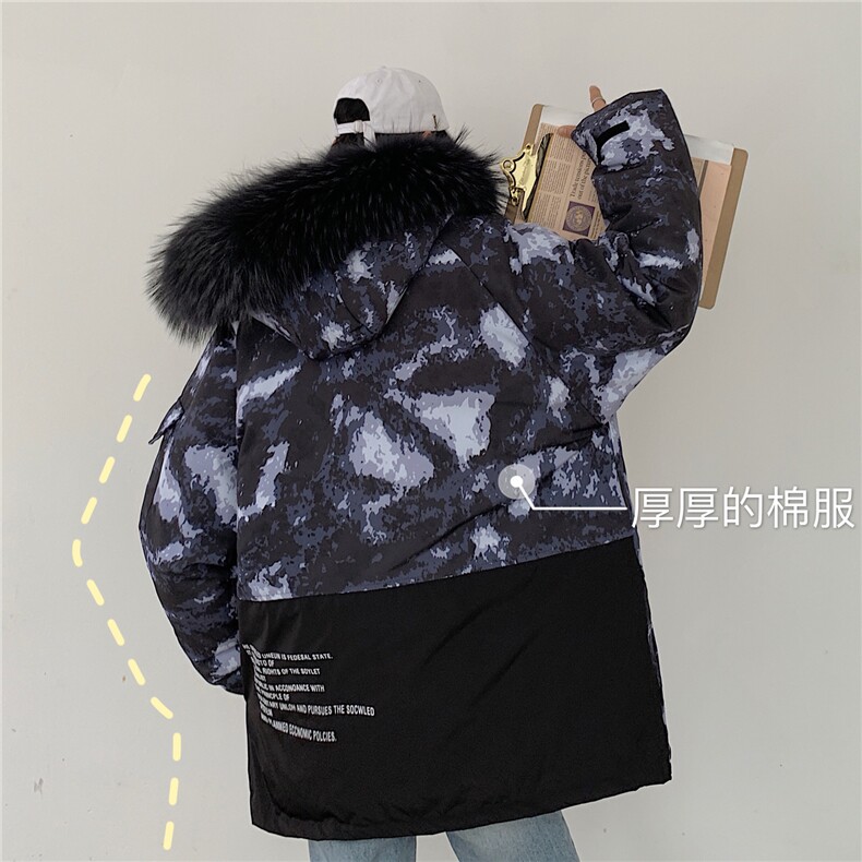 2019港风冬季新款大毛领迷彩棉衣外套连帽宽松撞色外套潮D59图片