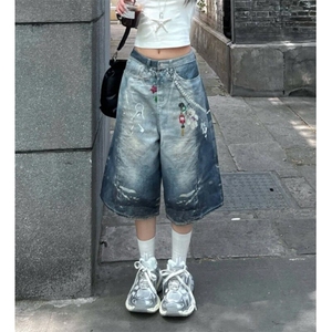 美式复古链子卡通印花牛仔七分裤男女夏季街头设计感宽松五分裤图片