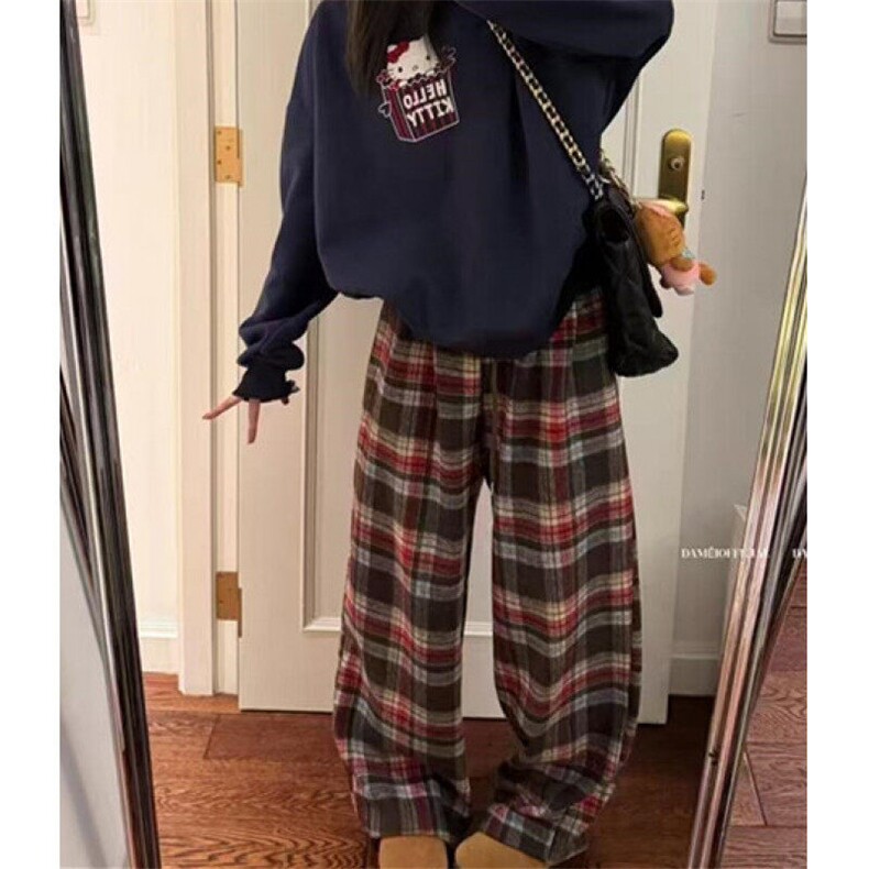 加厚格子休闲裤女秋冬松紧腰阔腿裤遛弯裤毛呢格纹长裤K2015,男装休闲裤,星座1116A（原606A-3）