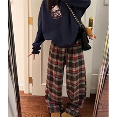 加厚格子休闲裤女秋冬松紧腰阔腿裤遛弯裤毛呢格纹长裤K2015，男装休闲裤，星座1116A（原606A-3）
