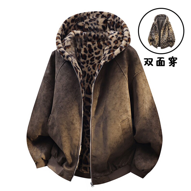 数据款座山雕荔枝纹双面穿PU皮豹加绒男女连帽棉衣PYM659P100,男装棉衣,电商A128