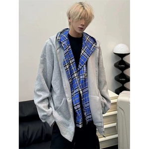 假两件格子开衫卫衣男春秋设计感初秋穿搭慵懒风开衫外套 MY131图片