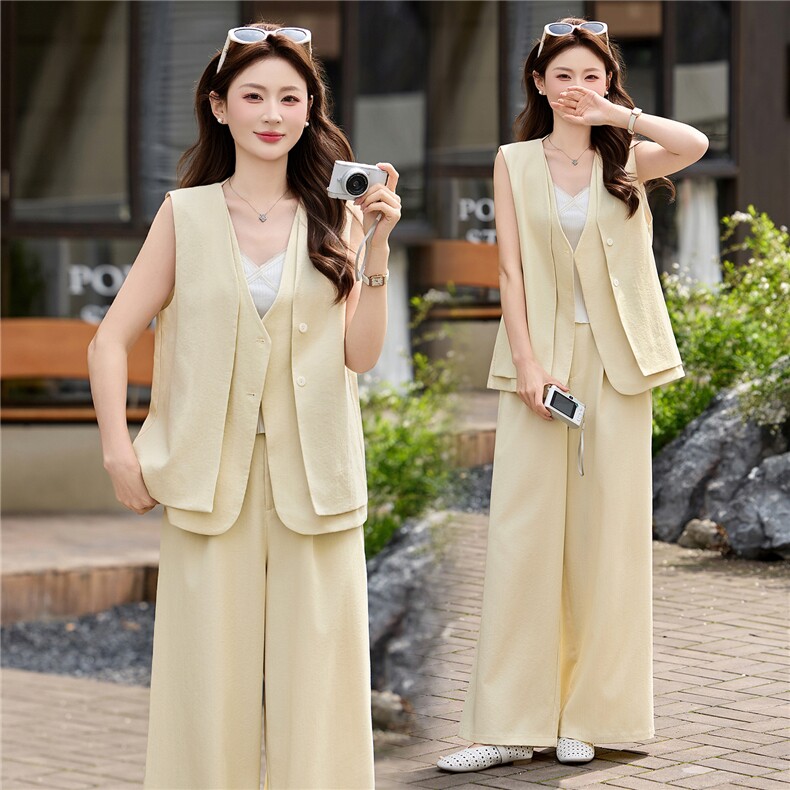 现货轻熟风气质套装女2026夏季麻料薄款西装马甲上衣阔腿裤两件套，女装套装/套裙，艾仟回(原伊仟回)
