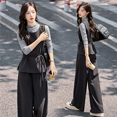 春秋套装裤女2025新款复古小香风绑带收腰打底衫马甲阔腿裤套装裙，女装套装/套裙，冬木谷雨