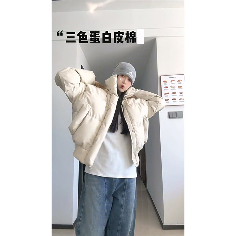 现货三防重磅硬挺boxy短款羽绒棉衣座山雕大毛毛领PU皮棉服外套冬,男装棉衣,电商A443