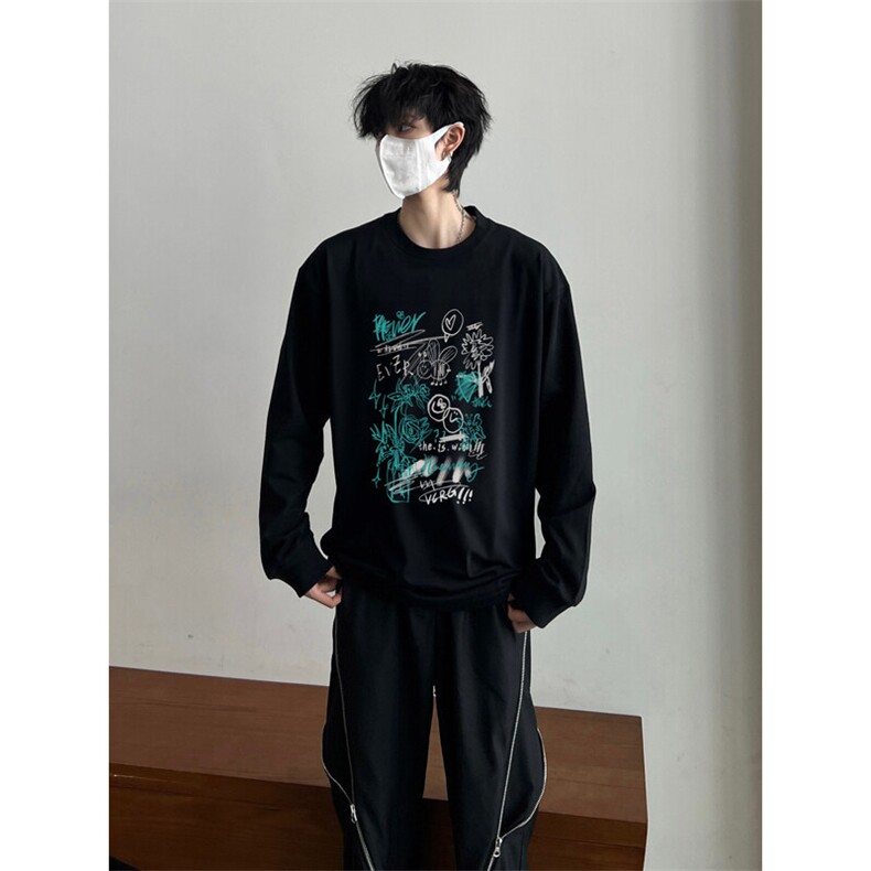 美式复古手绘涂鸦印花长袖T恤小领口打底衫，男装T恤，星座310A-4