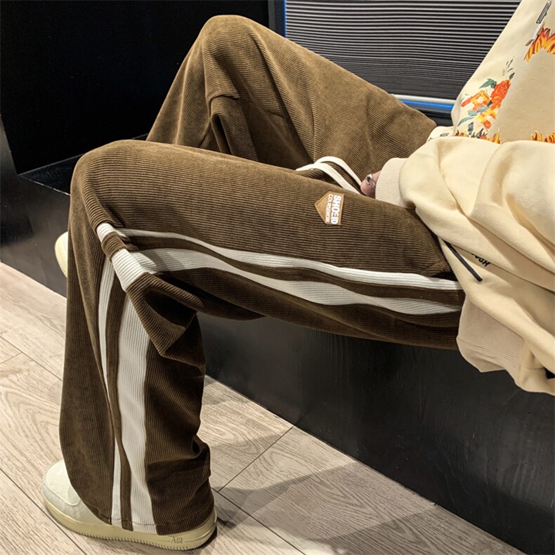 港风秋款男裤灯芯绒条纹直筒贴标宽松休闲长裤h915P35,男装休闲裤,星座1013-1