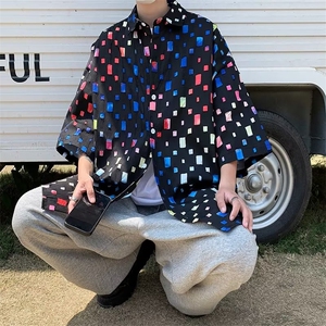 潮破洞花补丁衬衫夏季薄款别致hiphop宽松休闲情侣衬衣图片