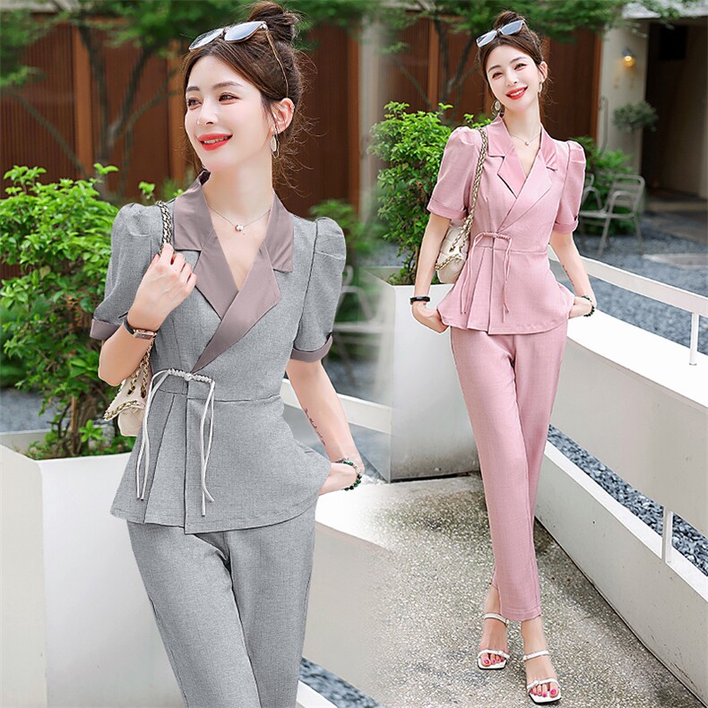 粉色西装套装女2024年夏天新款气质名媛高级感薄款垂感西服两件套，女装套装/套裙，韩美纤衣