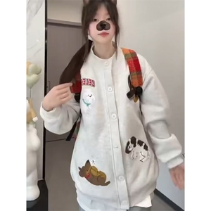 日系卡通小狗毛巾绣圆领卫衣女春秋2025新款慵懒风宽松bf开衫外套图片