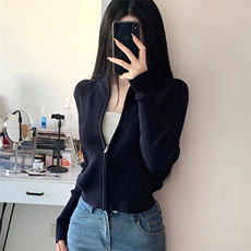 新款立领抽条拉链单开衫时尚百搭，女装针织衫/毛衣，兰叶羊绒