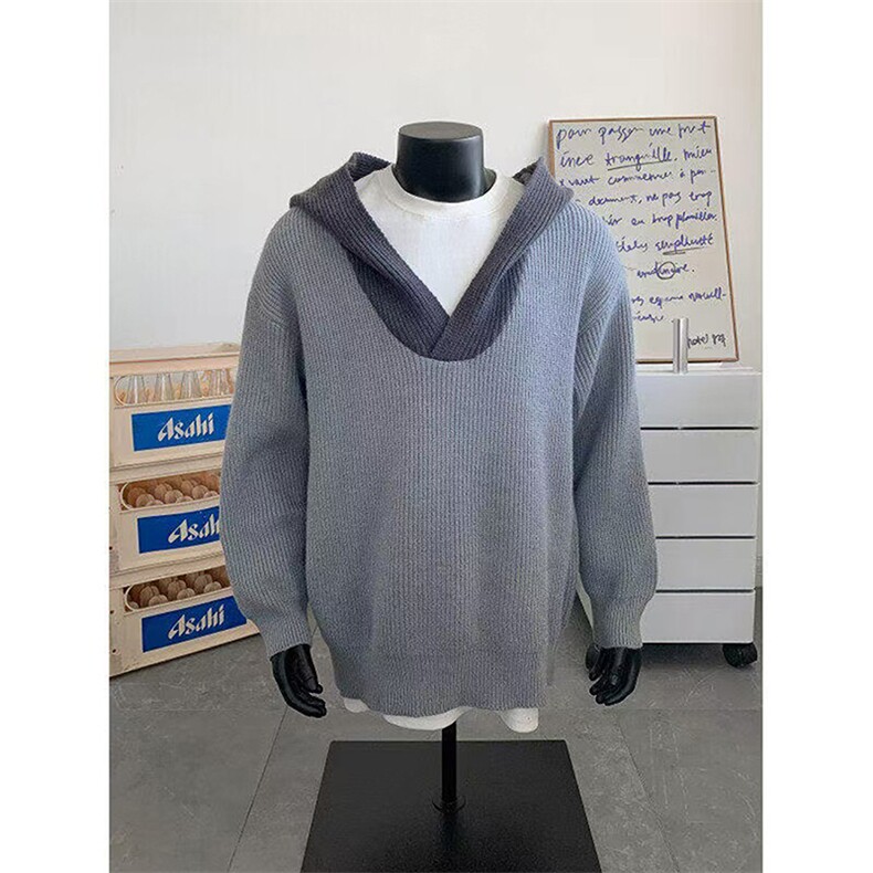 A2324TP45-网图秋冬新款撞色宽松落肩廓形连帽毛衣男针织衫外套，男装针织衫/毛衣，电商B241