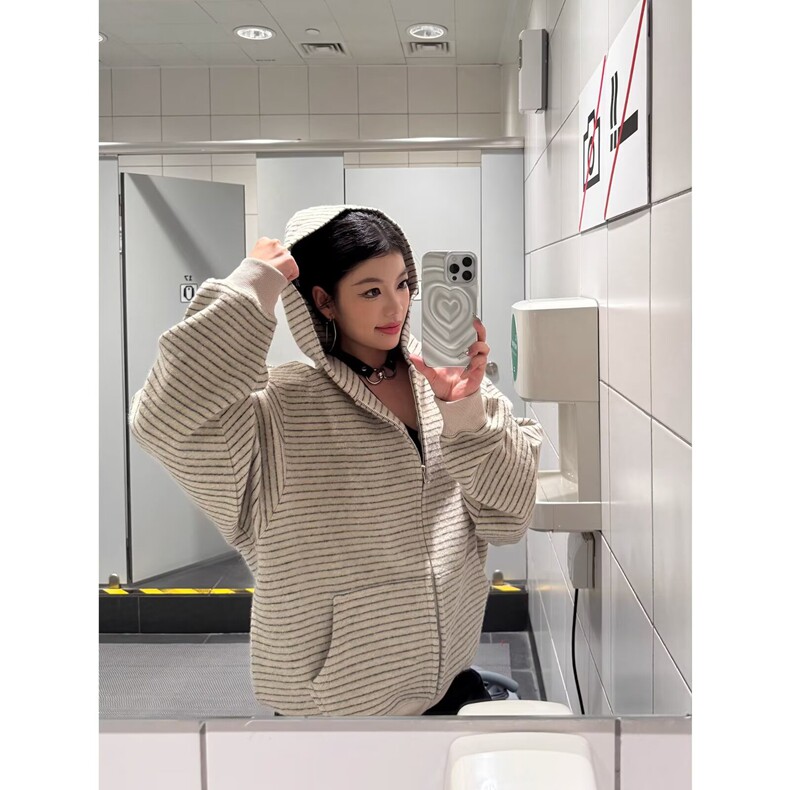 早秋装连帽卫衣女春秋季韩版宽松初秋薄款短款小个子条纹开衫外套，女装卫衣/绒衫，星座218-8