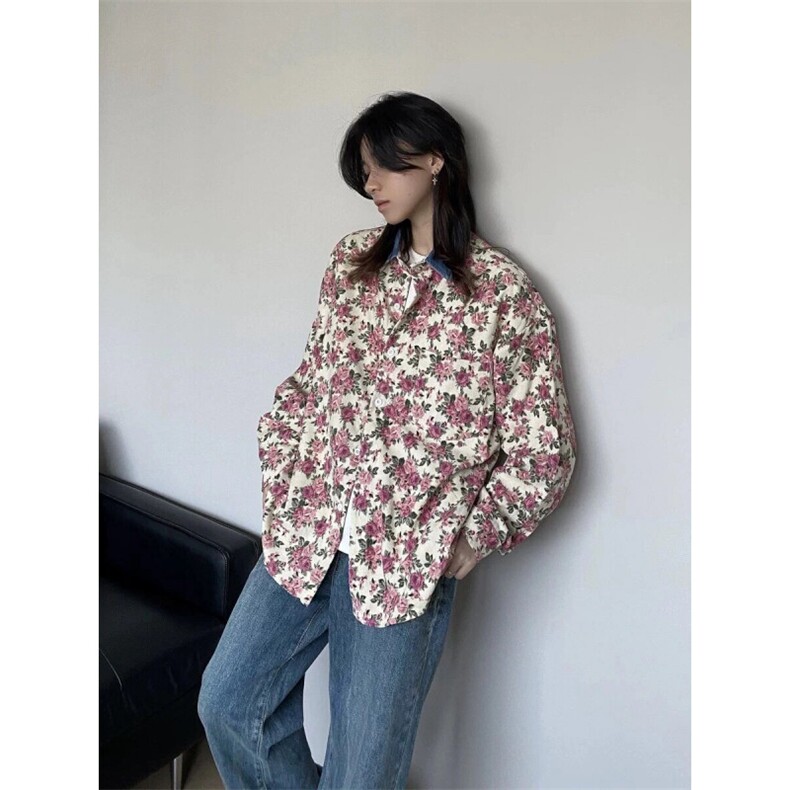 港风新中式复古春秋碎花衬衫长袖男秋季粉色衣服休闲外套,男装衬衫,星座1007（原301D）