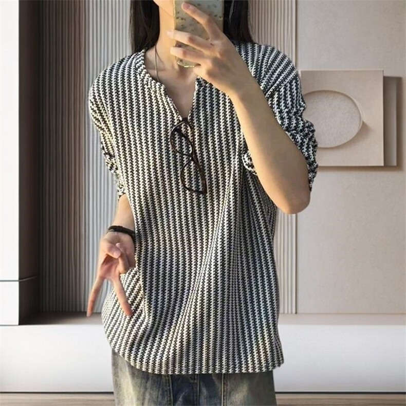 美式高街千鸟格子长袖T恤男女亨利V领英伦雅痞休闲宽松长袖打底衫，男装T恤，电商A443