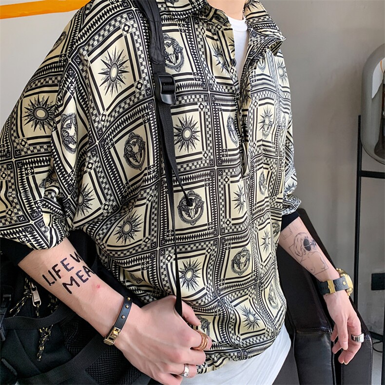 定制款丝光缎面印花套头衬衫雅痞气质五分袖上衣A452--1909--P58,男装衬衫,电商A452