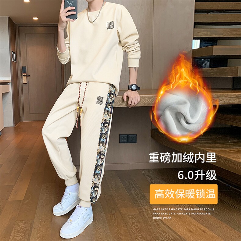 加绒加厚M-8X休闲字母印花套装男T06加绒-P70大码图片