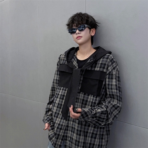 春夏新品原创小众设计感连帽系带长袖衬衫男士拼接格纹长袖衬衣潮图片