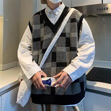 M2210-P38格子纹针织衫V领背心毛衣男生，男装针织衫/毛衣，星座1501-1