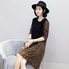 圆领连衣裙2020年冬季中长款长袖钉珠植绒蕾丝，女装连衣裙，安之芮娜