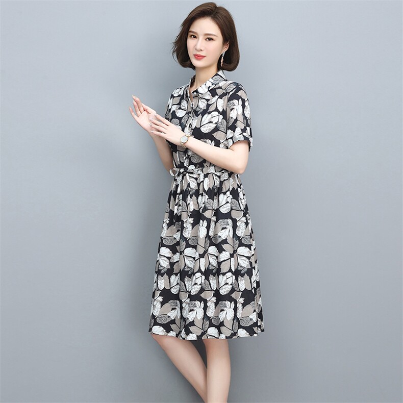 2022夏季舒适优雅气质新款印花收腰显瘦休闲连衣裙,女装连衣裙,忆绮罗