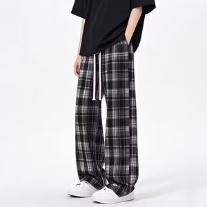 格子裤女春秋2025新款高腰直筒垂感复古冬季加绒宽松阔腿裤CA8081图片