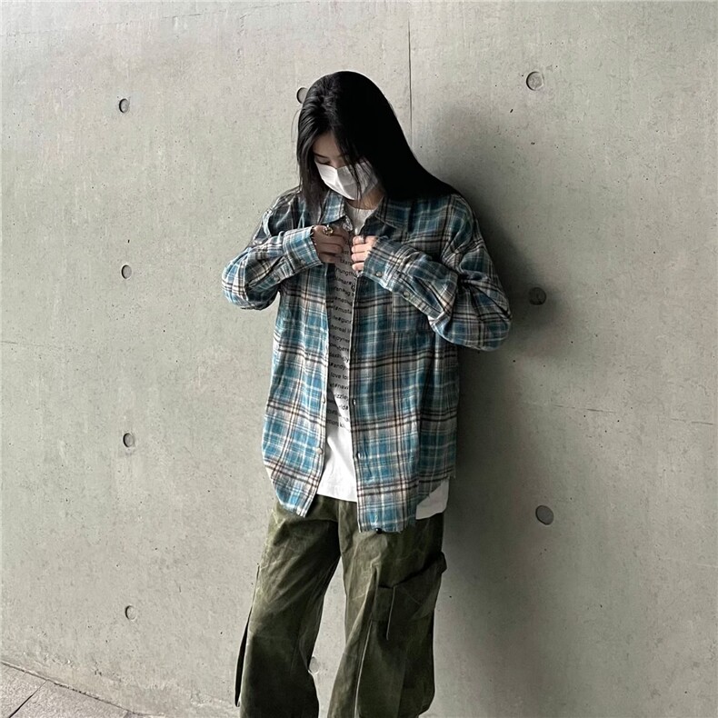 美式复古流苏破坏蓝格子长袖衬衫男款设计感春秋季情侣装衬衣外套,男装衬衫,星座506A