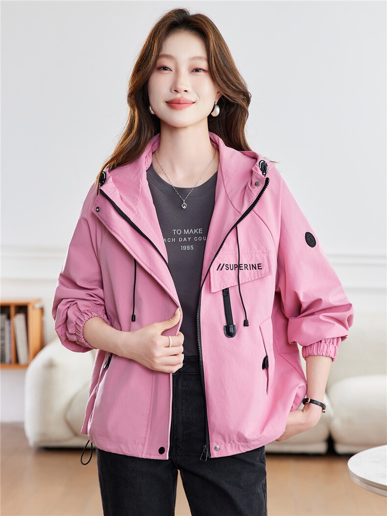 现货！刺绣连帽休闲外套女短款2026年春季新款宽松休闲玫粉色上衣,女装短外套,沐七七