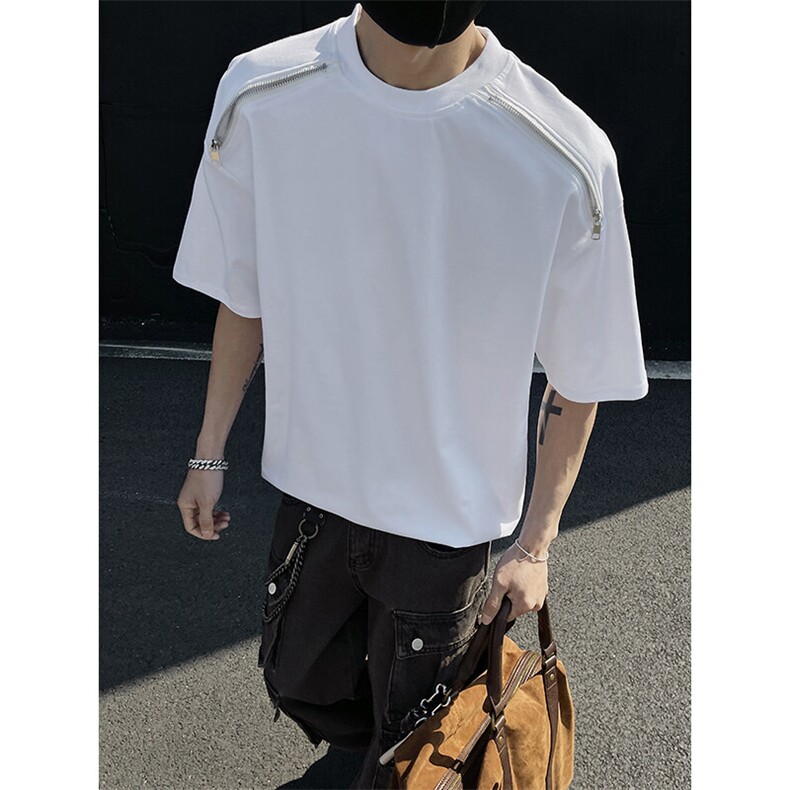 高品质二开240克宽松纯棉美式高街痞帅拉链装饰短袖T恤特23.5,男装T恤,电商A486-1